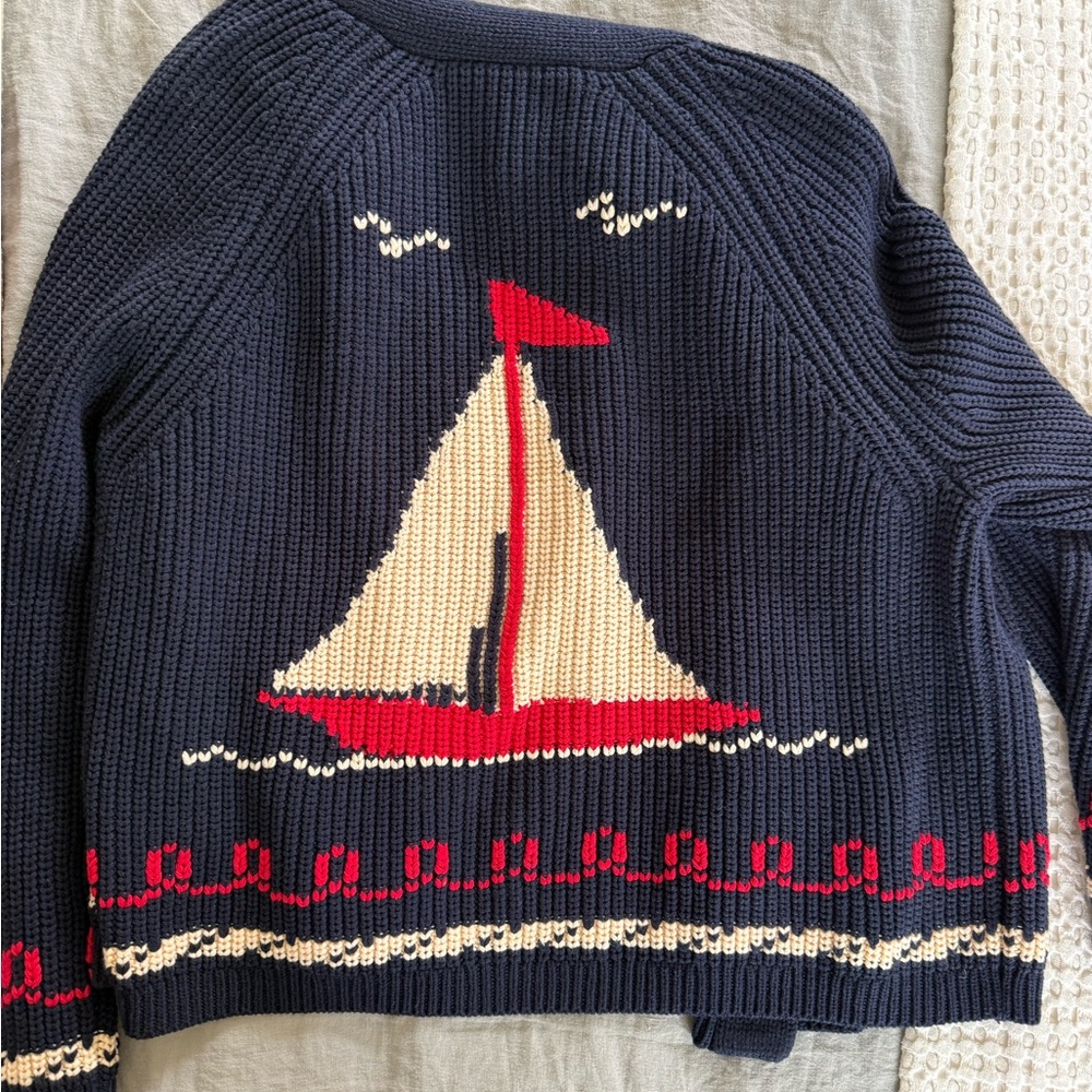 THE GREAT. Navy Sailboat Knit Cardigan with Cream and Red Accents - Picture 5 of 13